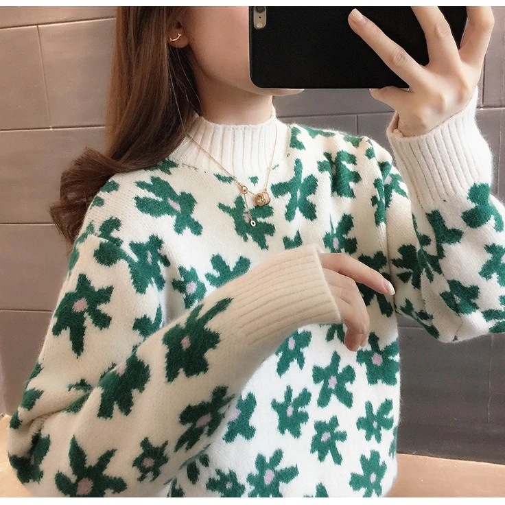 5386-米色【晶姐优选】厚款秋冬内搭花色套头长袖半高领针织毛衣