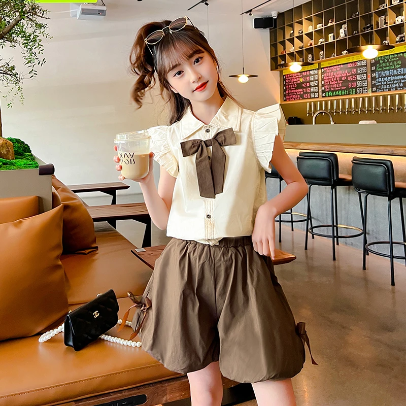 夏季女童套装2025新款洋气韩版儿童短袖蝴蝶结衬衫两件套短裤夏天