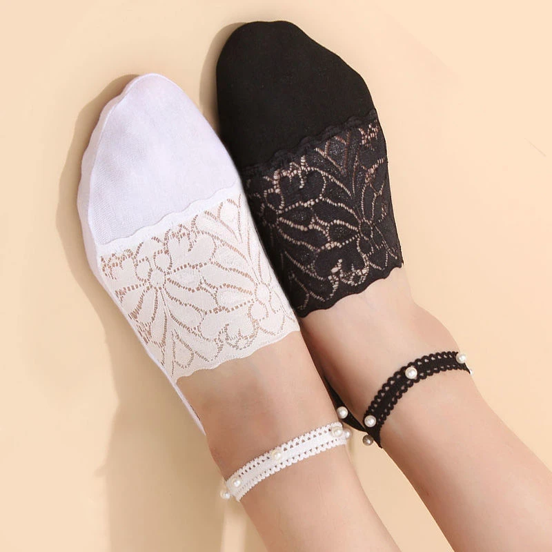 深口女袜子珍珠夏季薄款百搭蕾丝棉女隐形短袜浅口透气不掉脚船袜