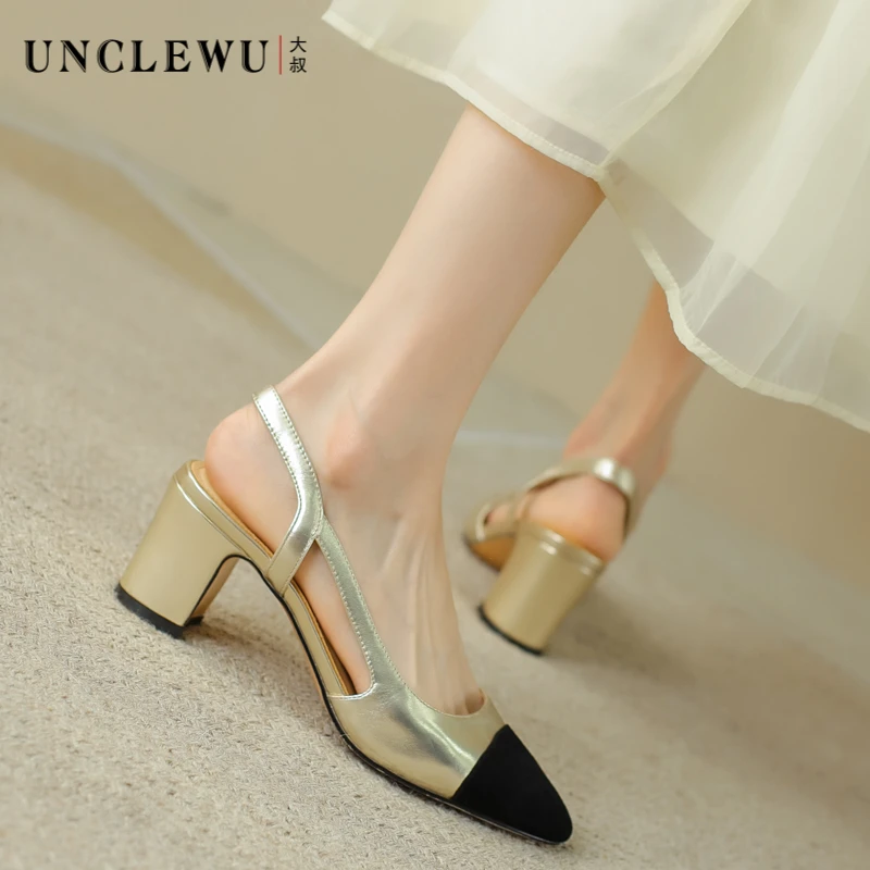 吴大叔新款夏季圆头真皮粗跟单鞋气质百搭拼色小香风后空单鞋