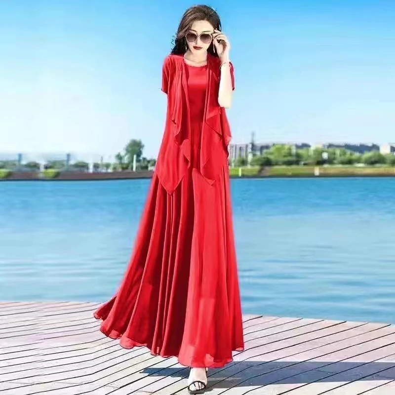 连衣裙女夏套装裙流行气质修身显瘦长裙开衫两件套沙滩014