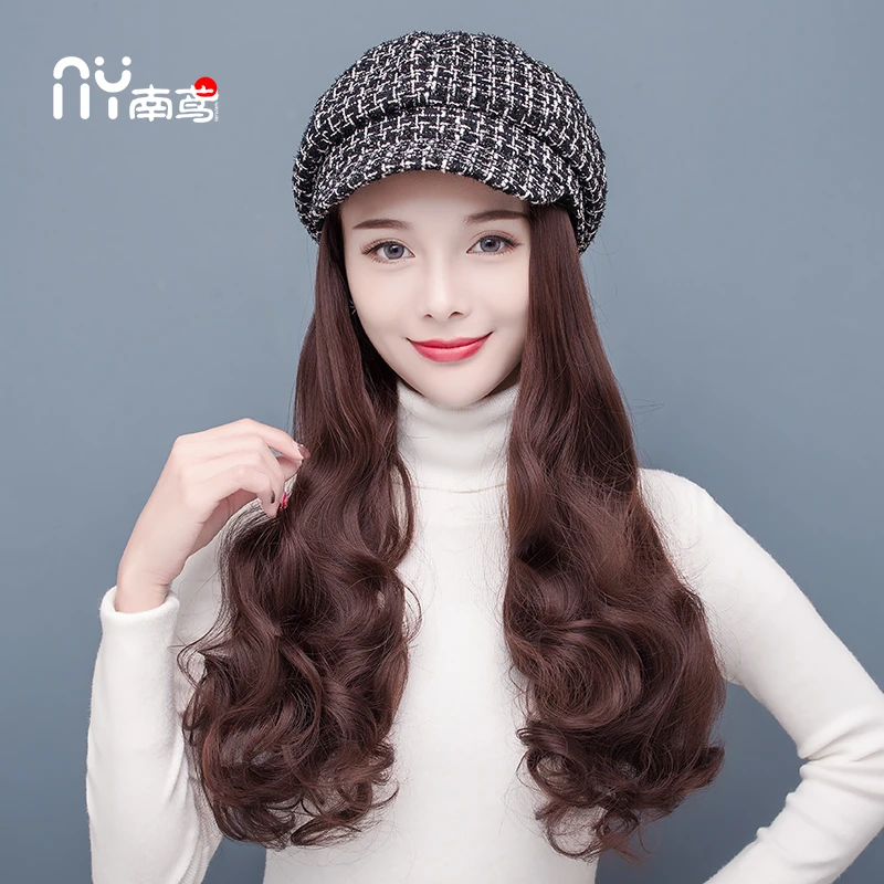 小香风假发帽子秋冬一体时尚可拆卸长卷发八角帽假发女短发全头套