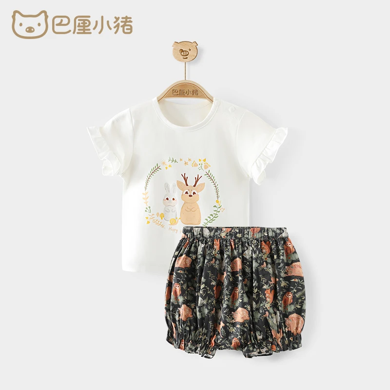巴厘小猪女童套装网红洋气夏季莫代尔宝宝t恤小女孩薄款两件套