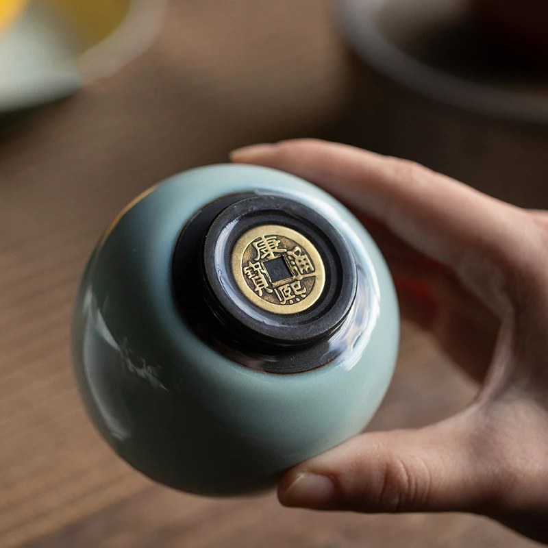 润茗茶具/蓝钧官窑铜钱杯品茗杯罗汉主人杯+苏绣包手工复古家用