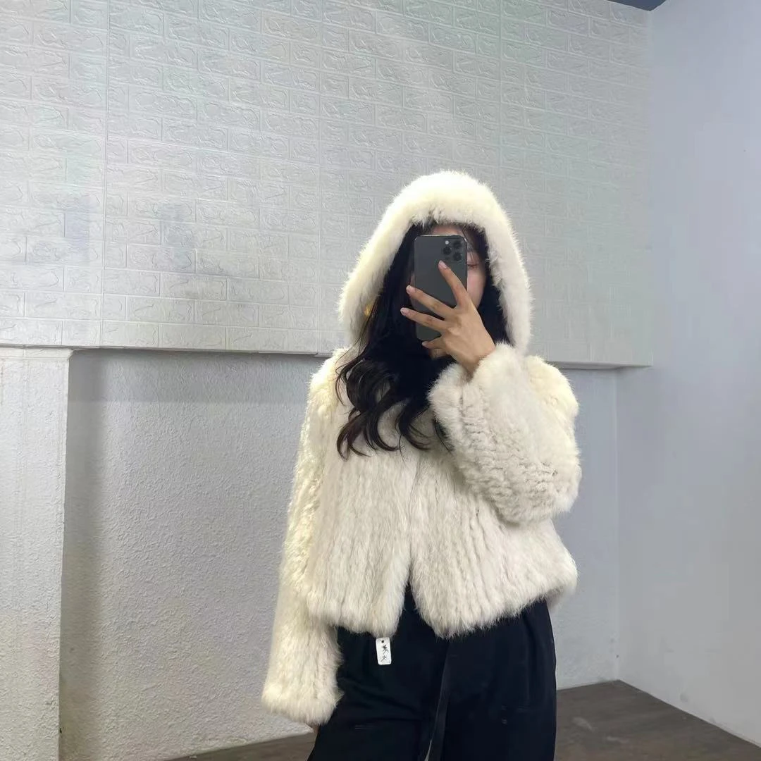 【加长款】2024新款真毛兔毛编织纯手工双面兔毛编织连帽外套