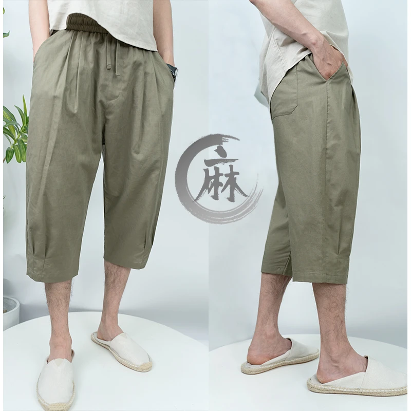 棉麻七分裤男夏季薄款中裤男士亚麻休闲裤夏季宽松百搭七分裤男款
