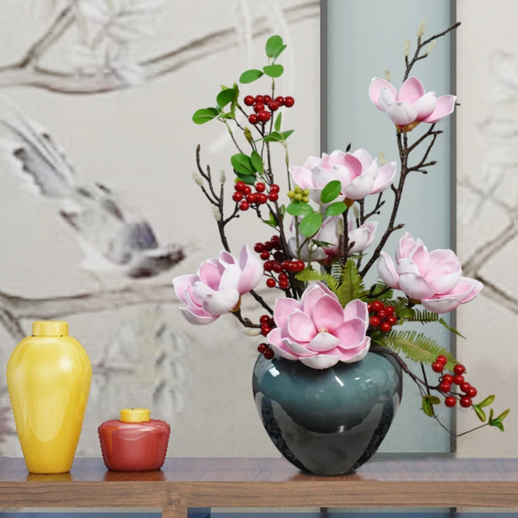 花妍中式仿真玉兰花春节插花工艺艺术套装客厅装饰品粉色清新摆件