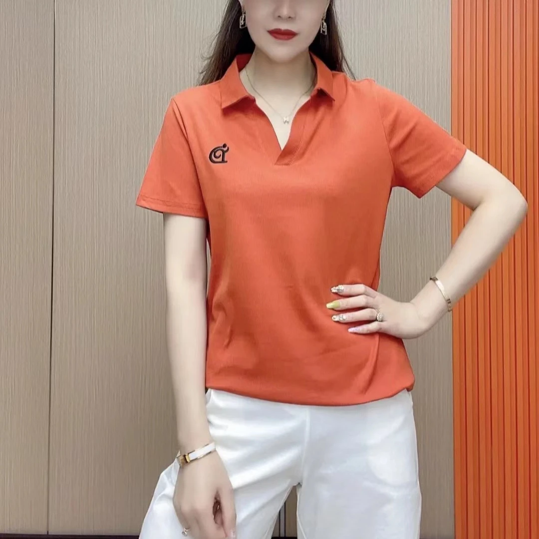 夏装刺绣翻领短袖T恤中老年女装大码纯色上衣