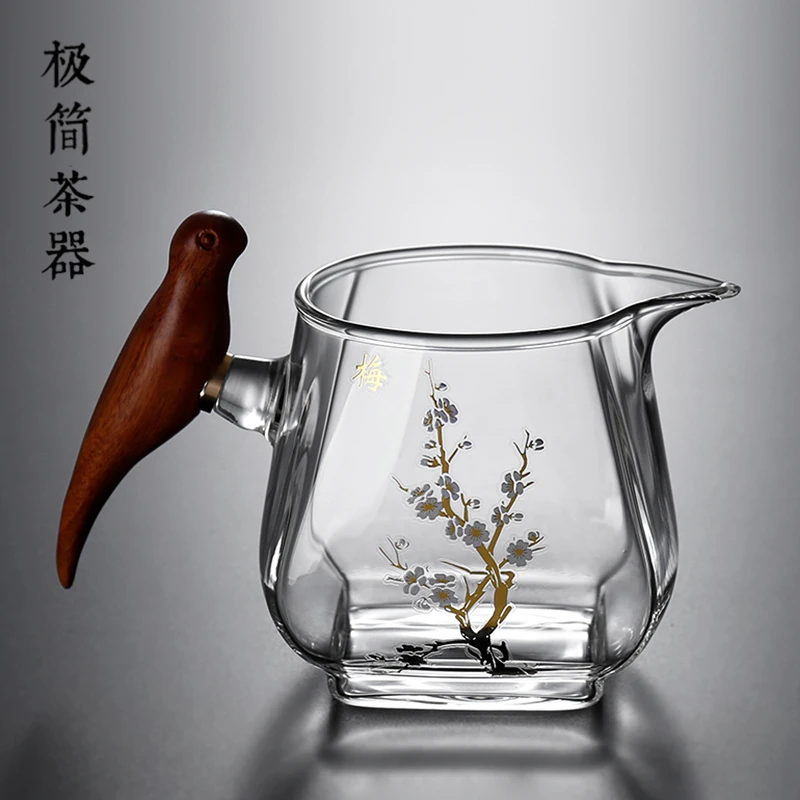四方喜鹊侧把透明公道杯玻璃加厚耐热分茶器茶海公杯功道茶具配件