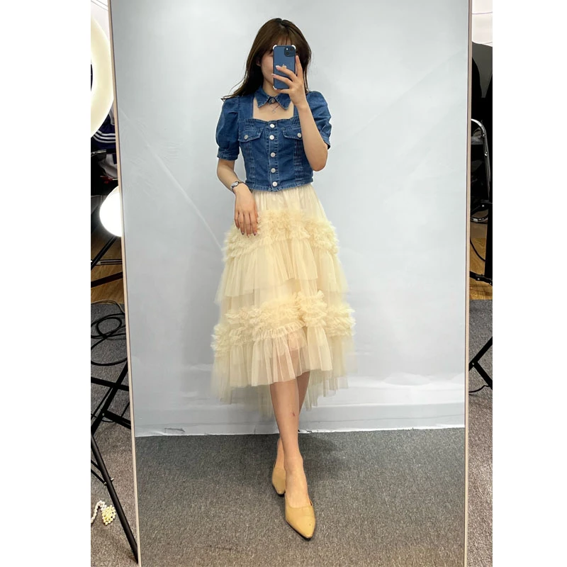 多层不规则时尚百搭网纱气质蛋糕裙燕尾裙高腰中长款半身裙8810
