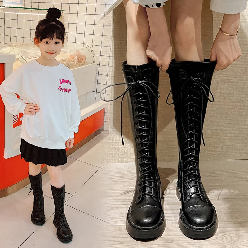 女童靴子6-12岁儿童马丁靴秋冬长筒靴小孩大童长靴英伦高筒靴加绒