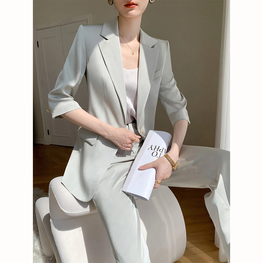 韩版纯色西服套装女夏季高级感炸街时尚气质女神范直筒长裤两件套