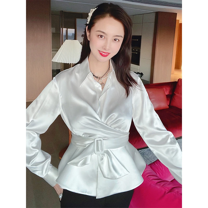 TRACYCHU新品设计感轻奢真丝手工立裁款收腰显瘦遮肉千金衬衫长袖