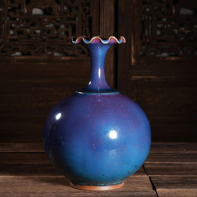 中国工艺美术大师孔相卿花瓶窑变铜系青兰釉【荷口天球瓶】手签款