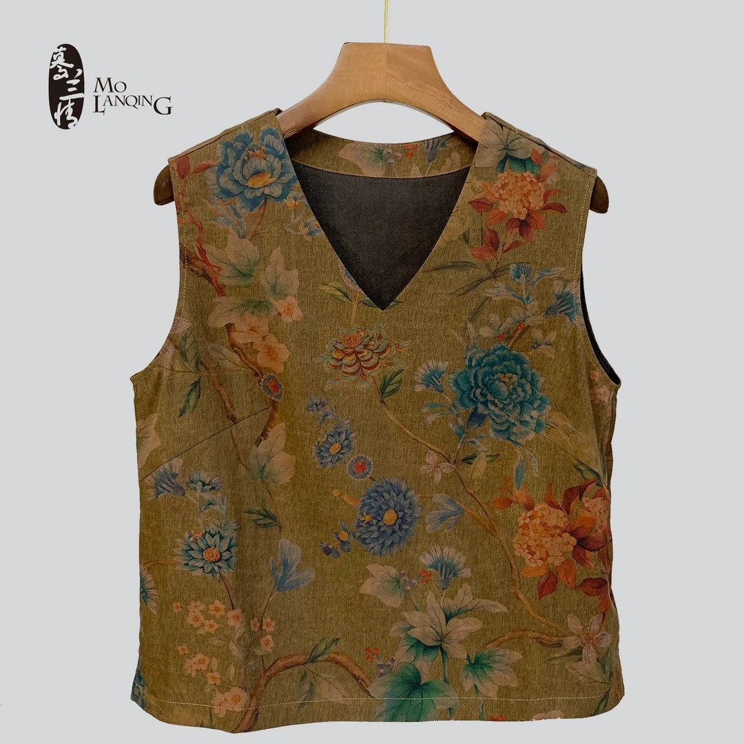 【黄绿】香云纱新中式国风复古宽松透气休闲百搭印花V领背心1903