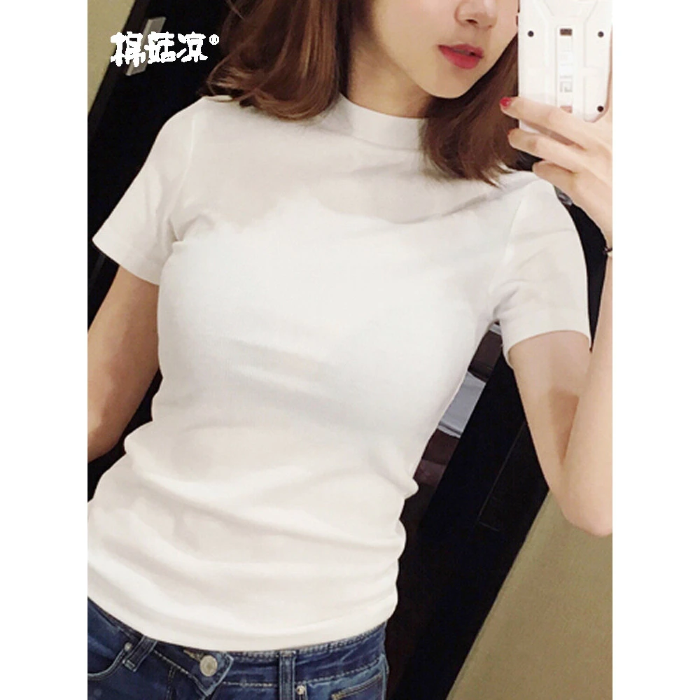 半高领针织短袖打底衫女春夏百搭T恤气质修身半袖紧身白色上衣潮
