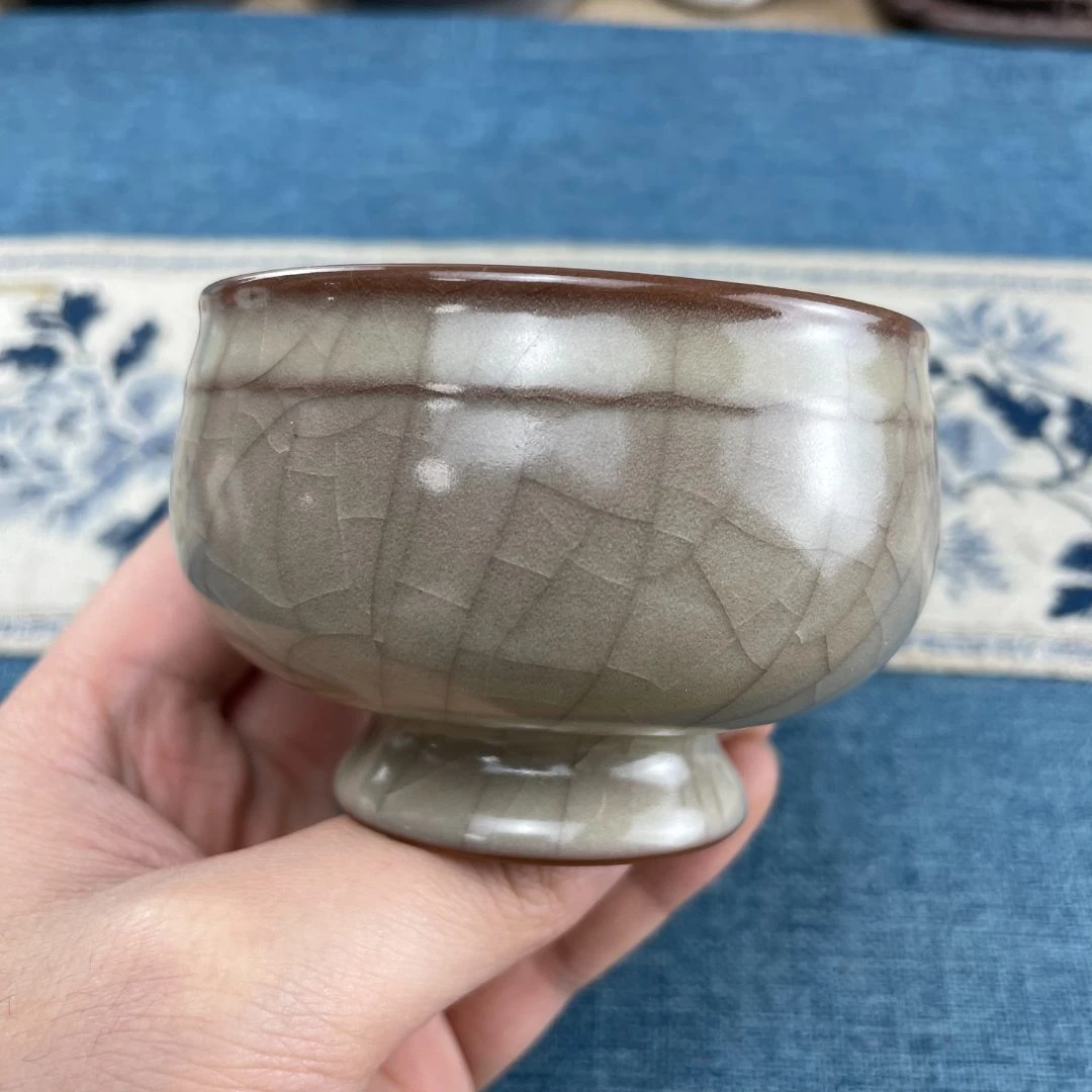 龙泉传世哥窑青瓷周光武哥窑手工杯可养线开片双环缸高足杯品茗盏