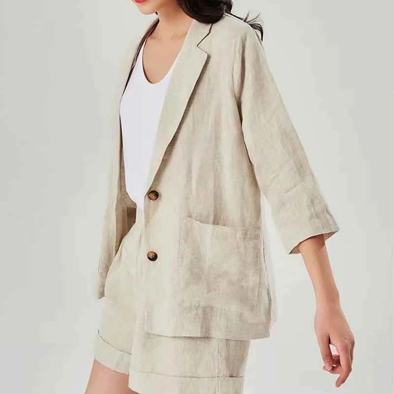 日系高端进口全亚麻 夏天透气清凉宽松显瘦七分袖小西装薄外套