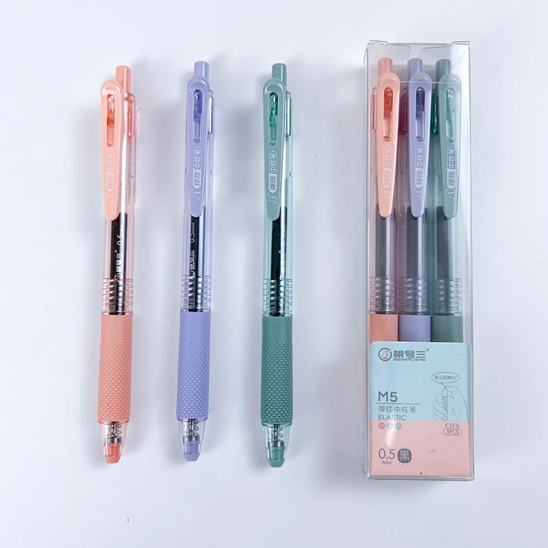 新品按动款M5（3支）CST头笔尖0.5碳素黑透明笔杆学生考试中性笔