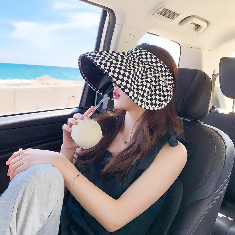 黑白棋盘格千鸟格帽子黑胶遮阳帽沙滩防晒空顶贝壳帽可折叠变发箍