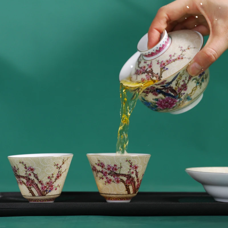 成艺  掐丝工艺国潮风陶瓷茶具 功夫茶具 三才盖碗 商务礼品描金