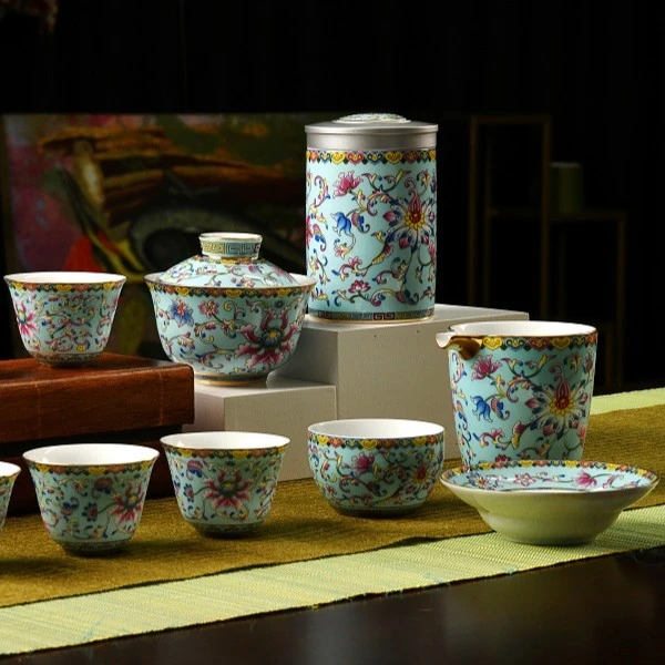 成艺陶瓷珐琅彩宫廷风茶杯礼盒功夫茶具柒彩珐琅套装盖碗茶壶茶杯