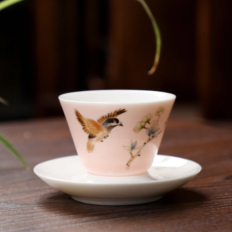 成艺 花语芳香珊瑚粉一杯一碟羊脂玉家用客杯主人杯白瓷陶瓷功夫