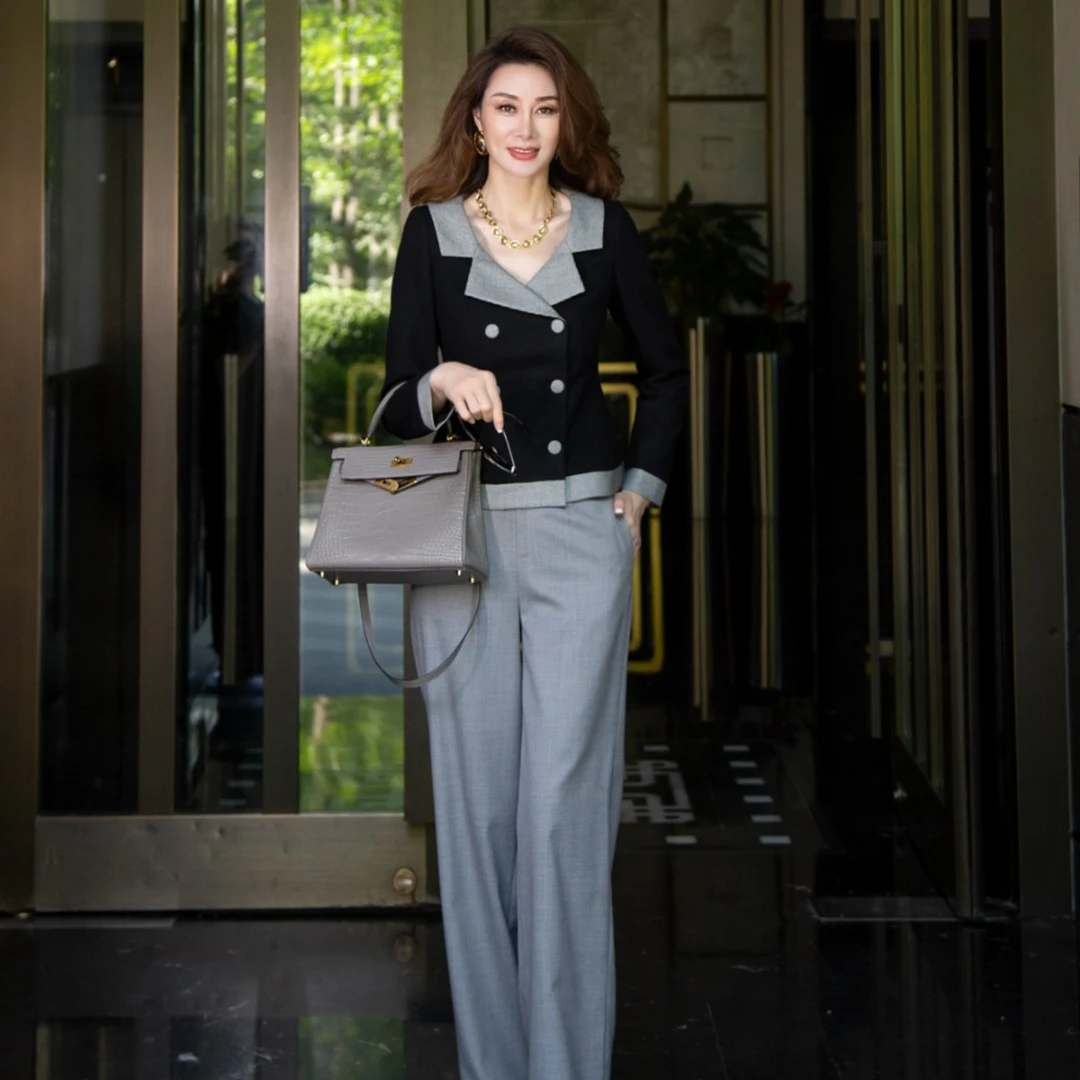 黑色毛料相拼小格子时尚优雅职场套装裙装【高端服装定制专家】