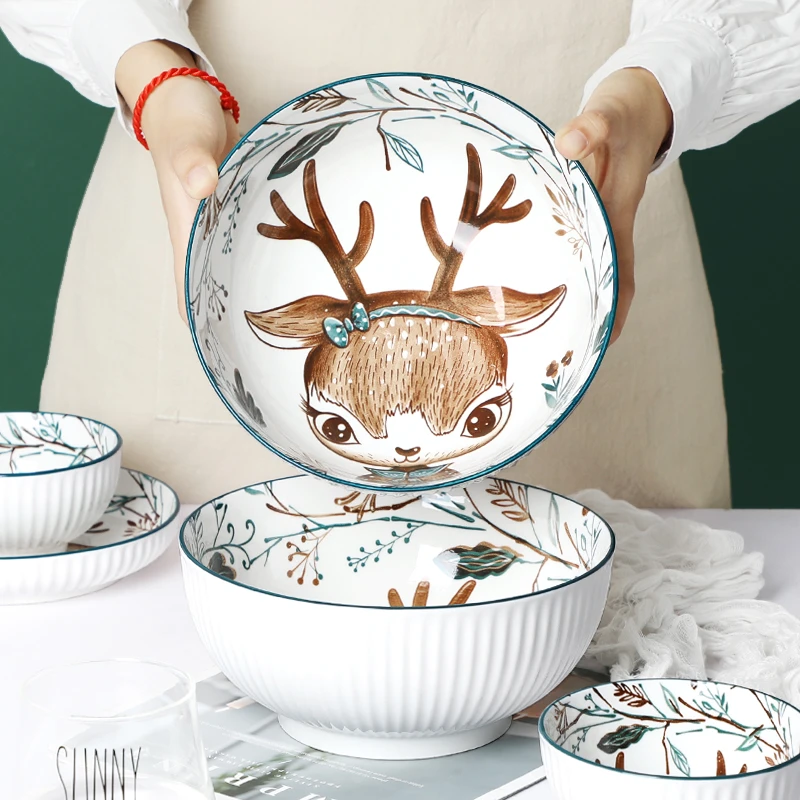 【粉丝福利】2只装8英寸多彩鹿碗大汤碗深汤碗大盆面碗卡通可爱碗