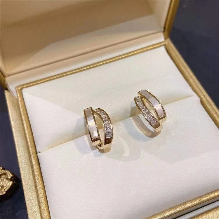 铜合金合成锆石耳饰简约拼接贝壳锆石耳环淑女气质小清新精致耳钉