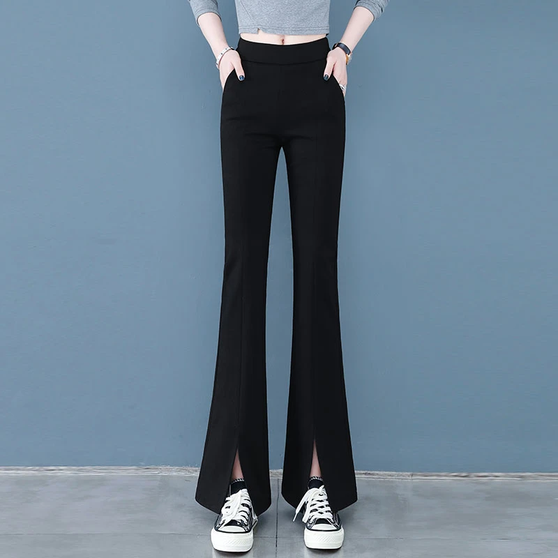 前开叉喇叭裤女2025年夏季新款高腰显瘦松紧裤垂感弹力黑色微喇裤
