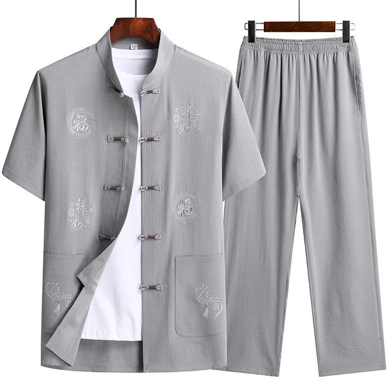 冰丝唐装男中国风爷爷短袖休闲套装中老年爸爸夏装汉服老年人衣服