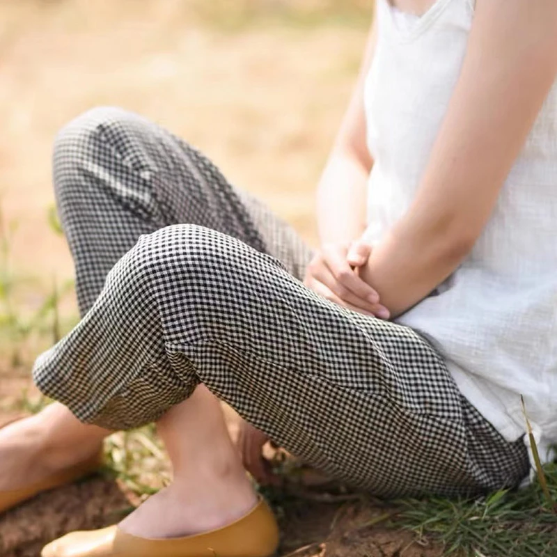 洋派服饰女款哈伦舒服透气九分裤亚麻宽松夏季格子大码薄款高腰