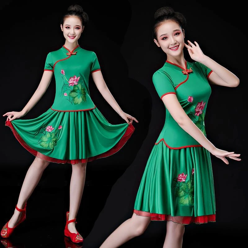 舞蹈服套装女成人新款中老年跳舞比赛裙子夏季短袖广场舞服装刺绣