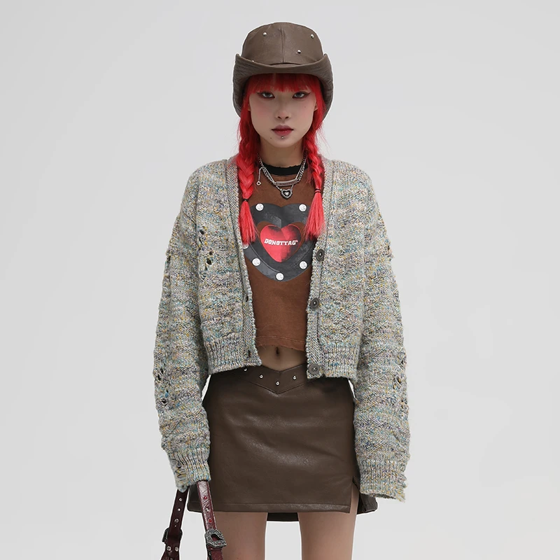 DNT/韩火火 用美妙迎接春天 破洞花织v领针织背心长袖开衫外两版