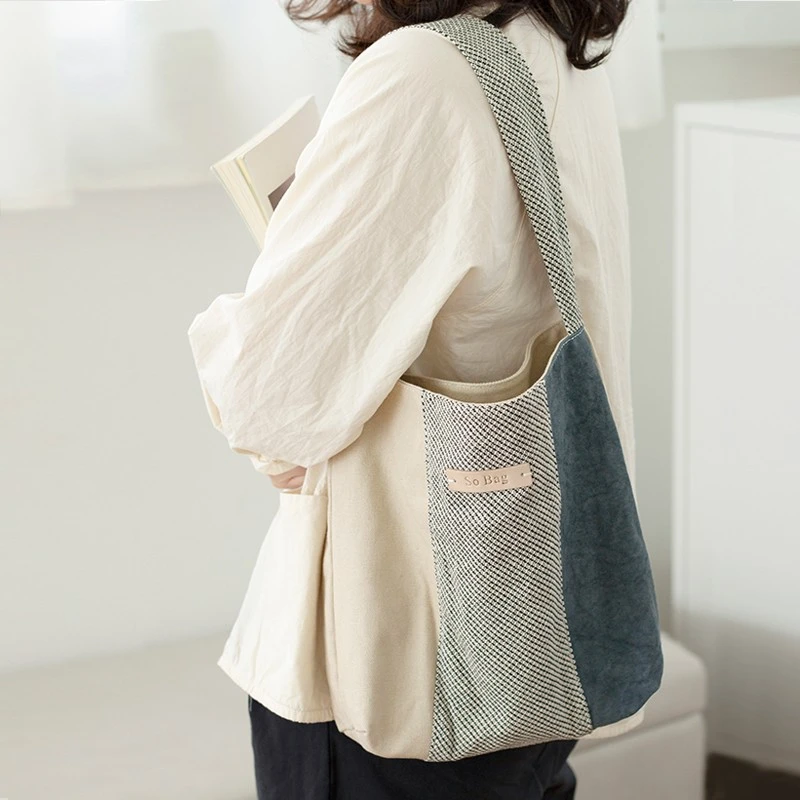 SoBag原宿风日系帆布包女复古小众拼色设计ins百搭文艺休闲单肩包