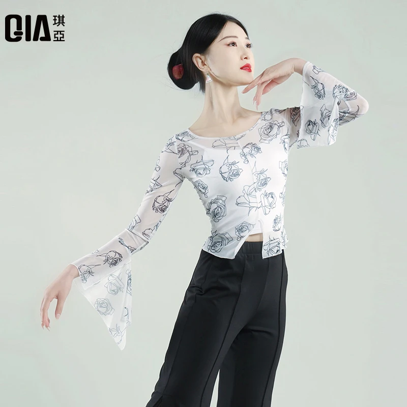 琪亚古典舞练功服女夏季玫瑰印花弹力网纱上衣中国舞现代舞训练服
