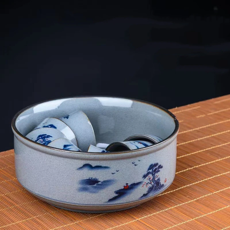 哥窑青花茶洗小号大号特大号茶道笔洗陶瓷水盂茶渣缸功夫茶具配件