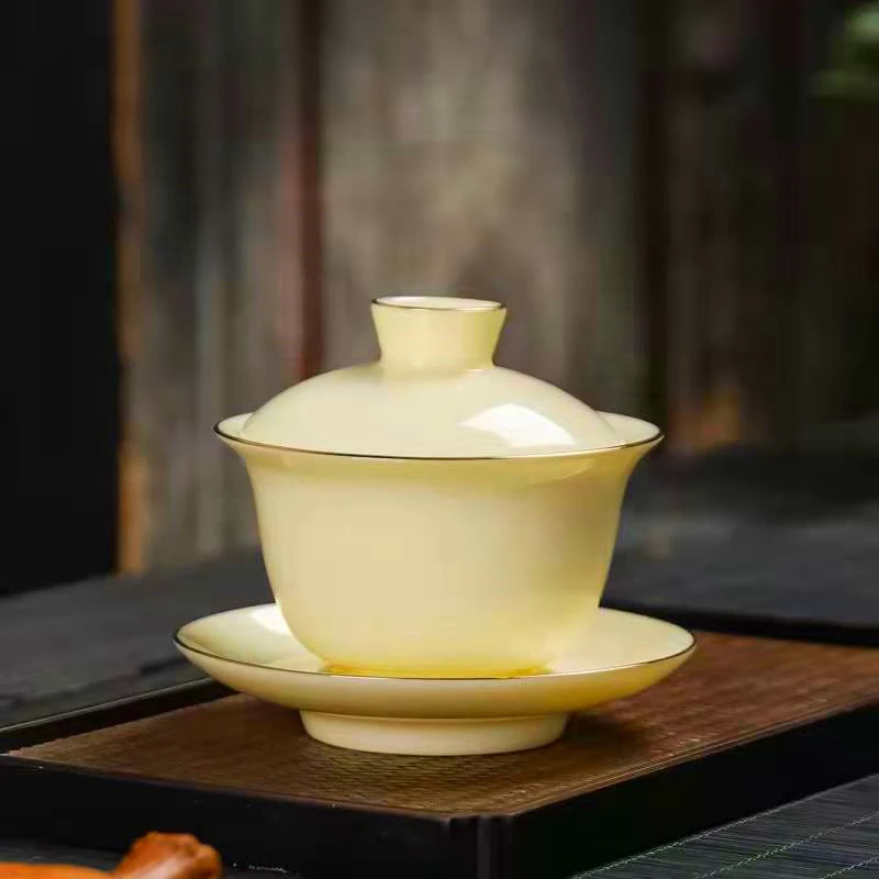 陶瓷羊脂玉三才盖碗茶具宝石黄高档家用专用描金三才碗泡茶壶大号