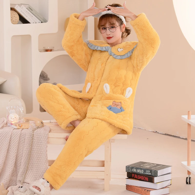 【高端定制】2023冬季新款乖乖毛娃娃领三层加厚时尚家居服套装