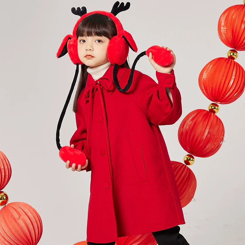 E.I【年装款】亲子装女童红色黑色中长款呢子大衣D8221652485