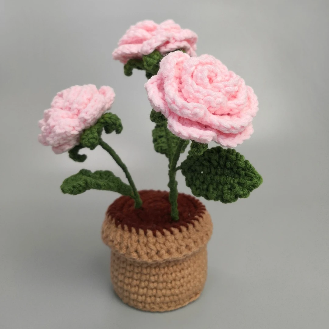 材料包毛线编织三朵玫瑰盆栽仿真花假花生日节日礼物手工艺品diy