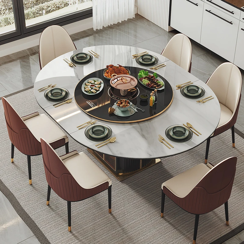 亮光岩板餐桌家用折叠电磁炉暖菜可伸缩椭圆桌电动旋转转盘圆桌