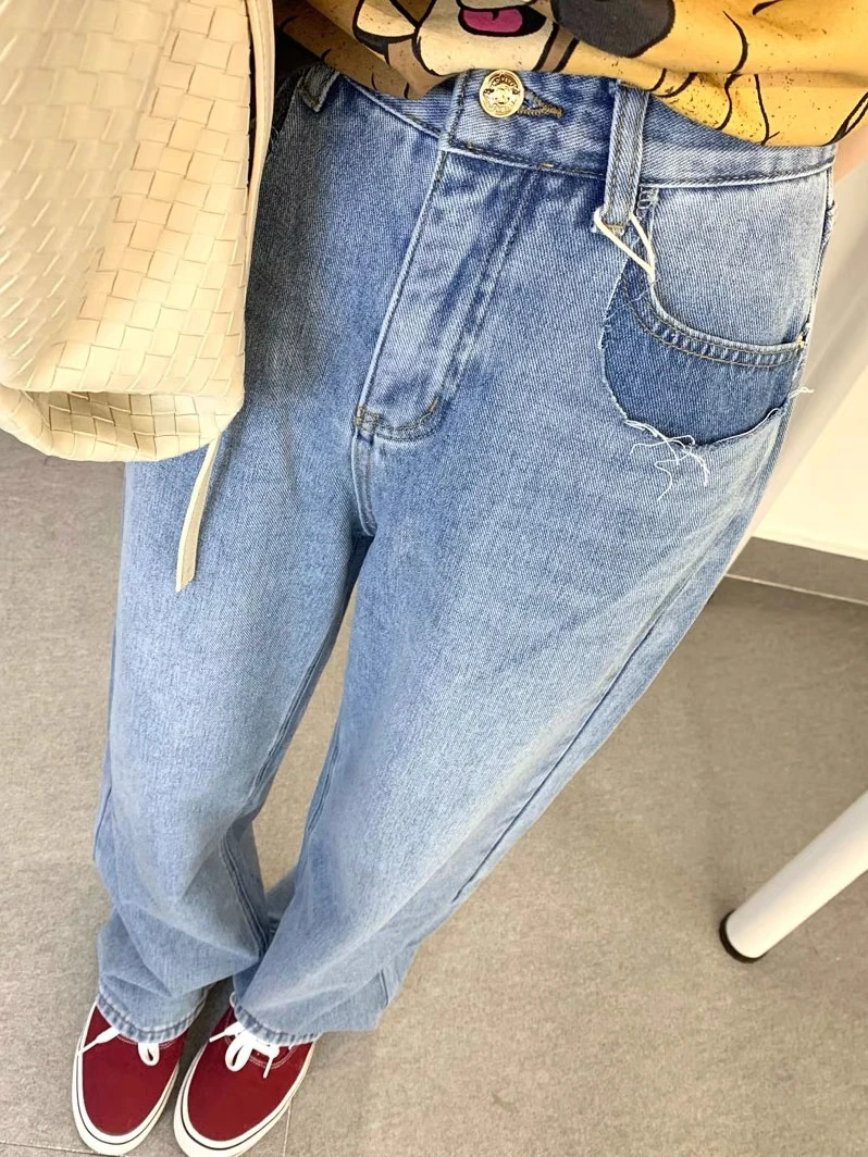 特价款!~春季高腰双兜阔腿牛仔裤直筒显瘦百搭牛仔长裤