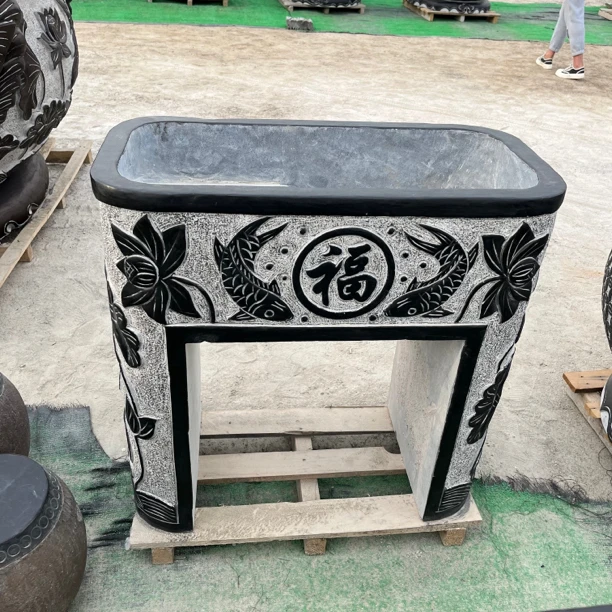 石雕洗衣池家用整石雕刻荷花鱼洗衣池带搓衣板