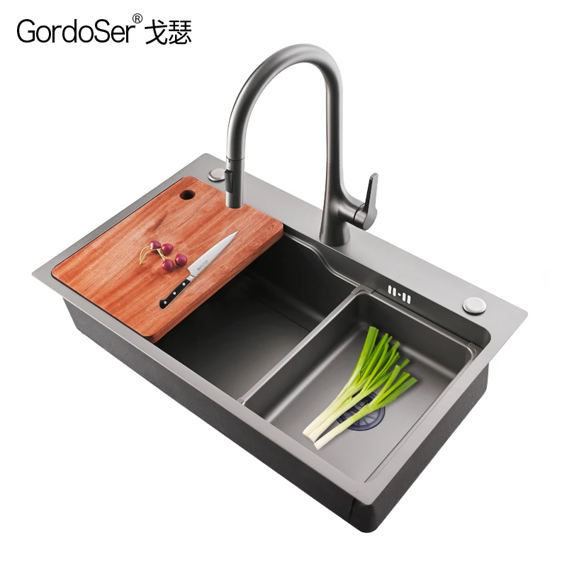 GORDOSER/戈瑟枪灰手工一体拉伸SUS304不锈钢加厚大单槽水槽75*46