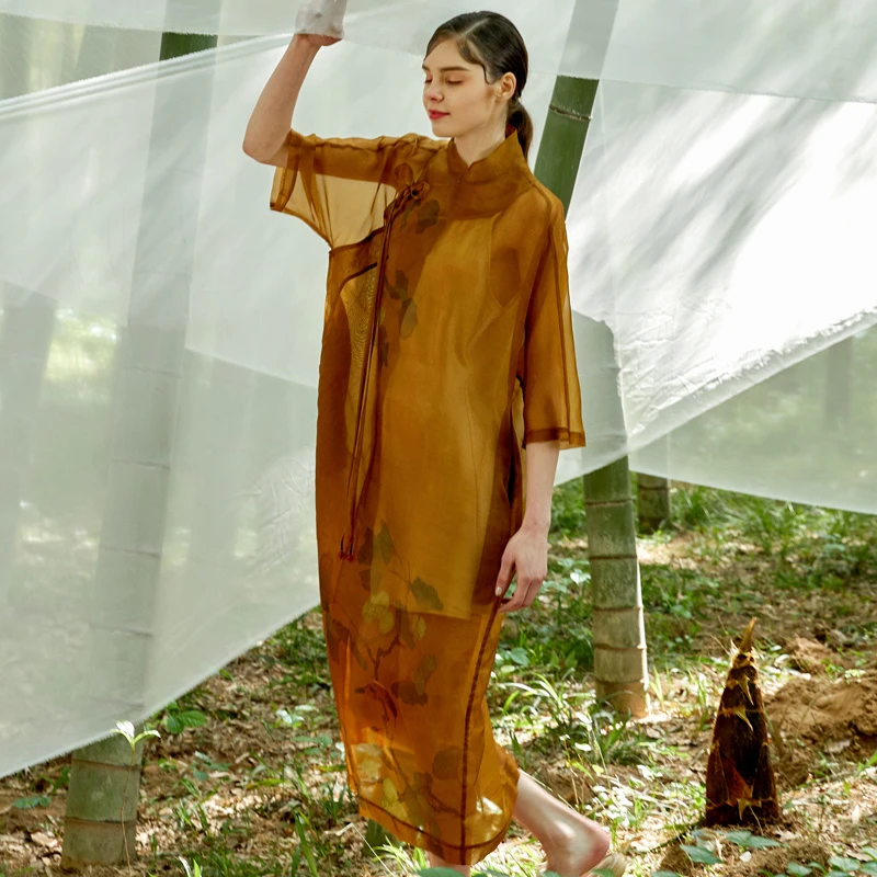 界内界外原创设计改良中式桑蚕丝复古禅意国风旗袍长裙J02Q271