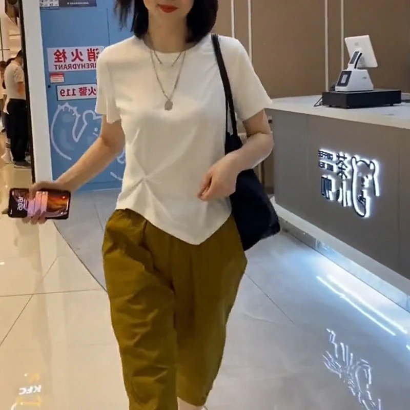 2022夏新款网红爆款不规则T恤女修身显瘦百搭设计感小众短袖上衣