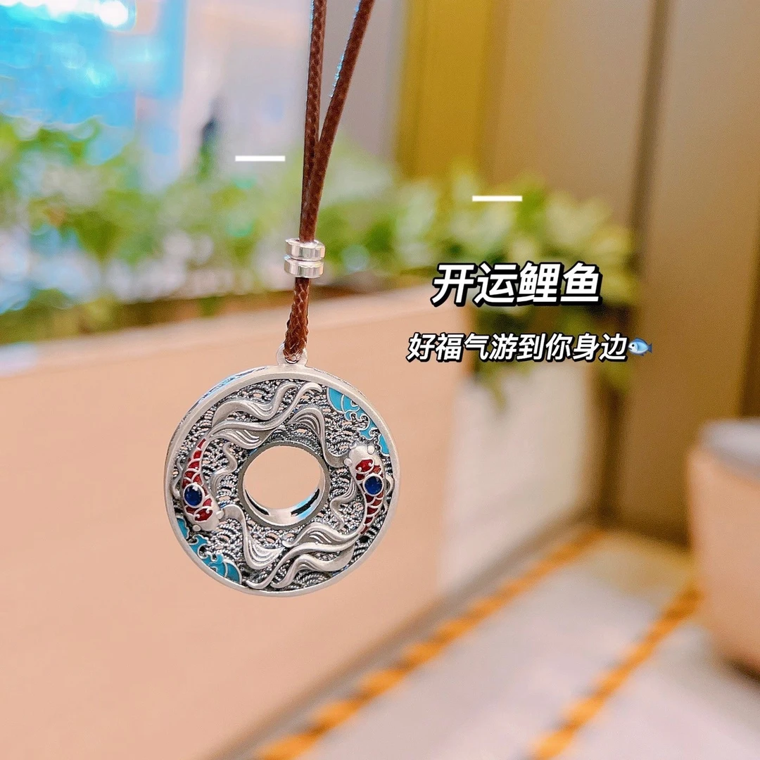 百福全 吊坠足银珐琅 999花丝鲤鱼平安扣掐丝双鱼纯银锦鲤项链