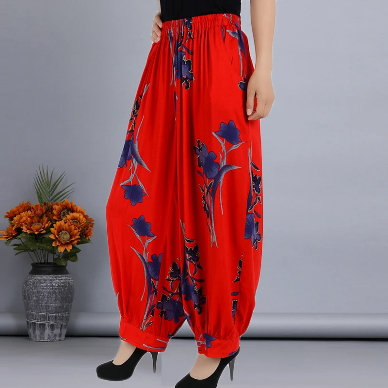 棉绸沙滩裤花裤薄款宽松阔腿灯笼裤防蚊哈伦裤女垂感休闲妈妈裤